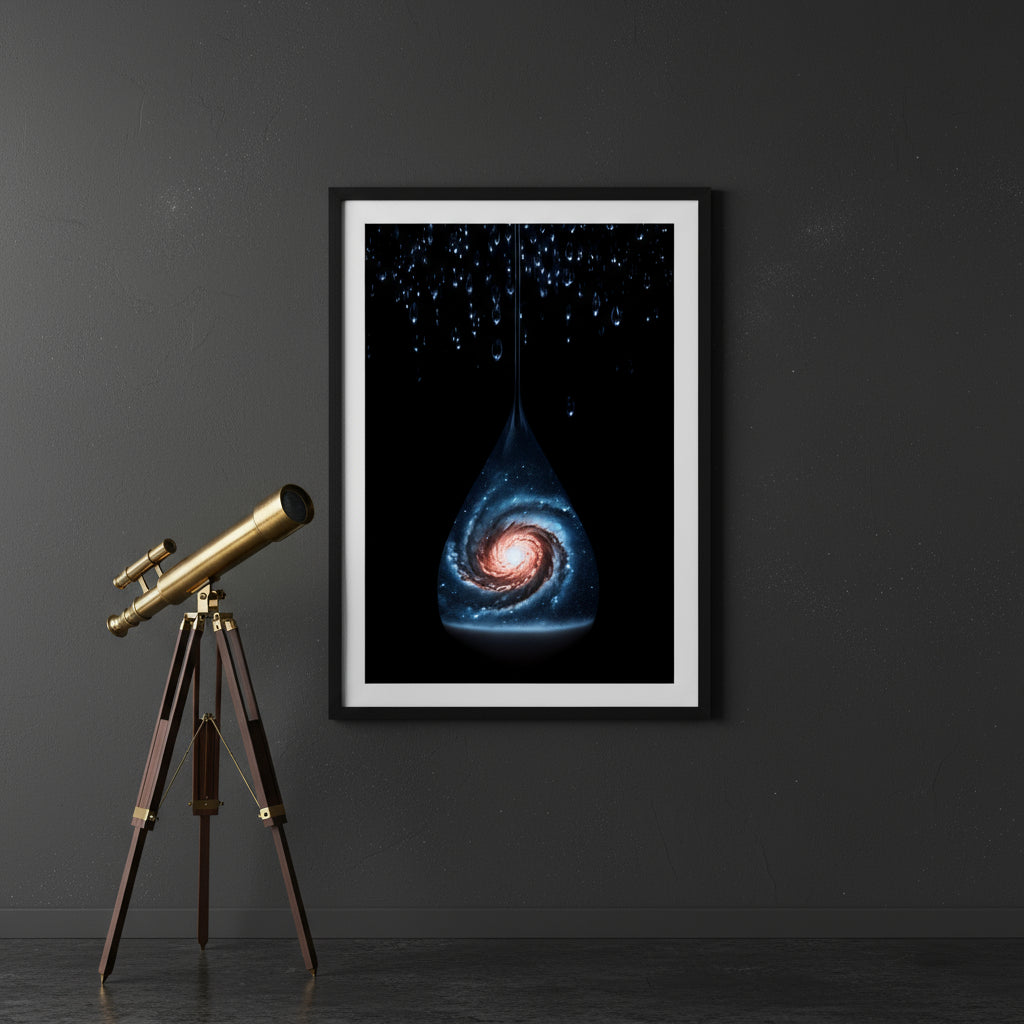 Artistic depiction of a galaxy inside a drop of water on a white background