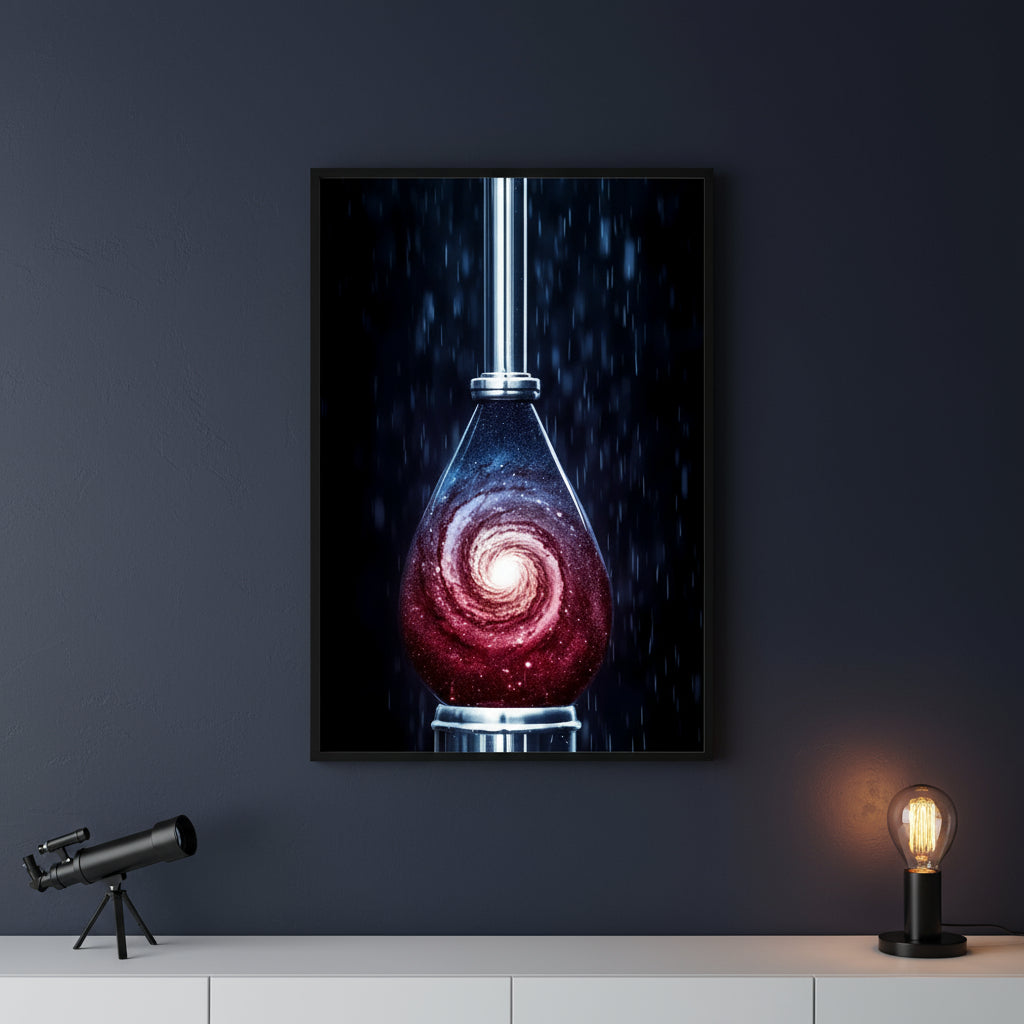 Framed artwork of a swirling galaxy design on a dark wall with a telescope and light bulb on a shelf.