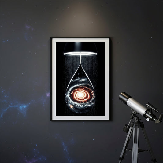 Artistic depiction of a swirling galaxy with a light source at the center, on a rainy dark background.