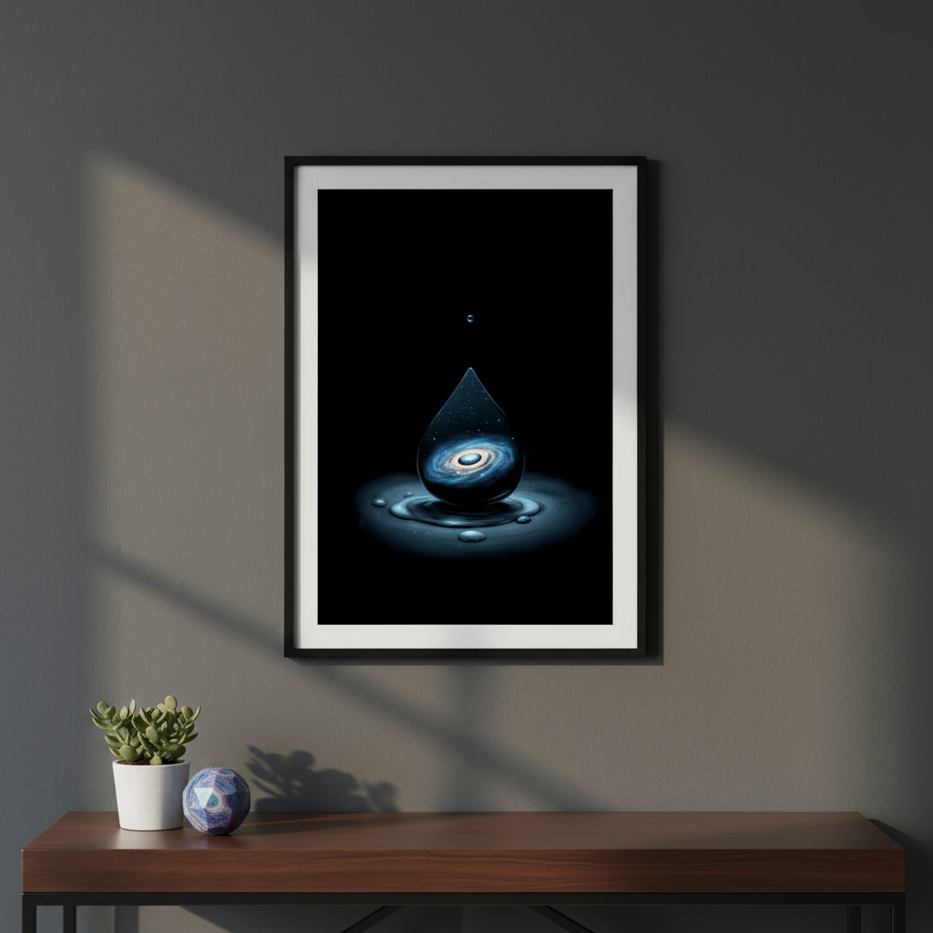 Framed artwork of a blue droplet on a dark background, displayed on a wall above a wooden shelf with decorative items.