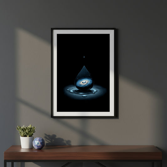 Framed artwork of a blue droplet on a dark background, displayed on a wall above a wooden shelf with decorative items.