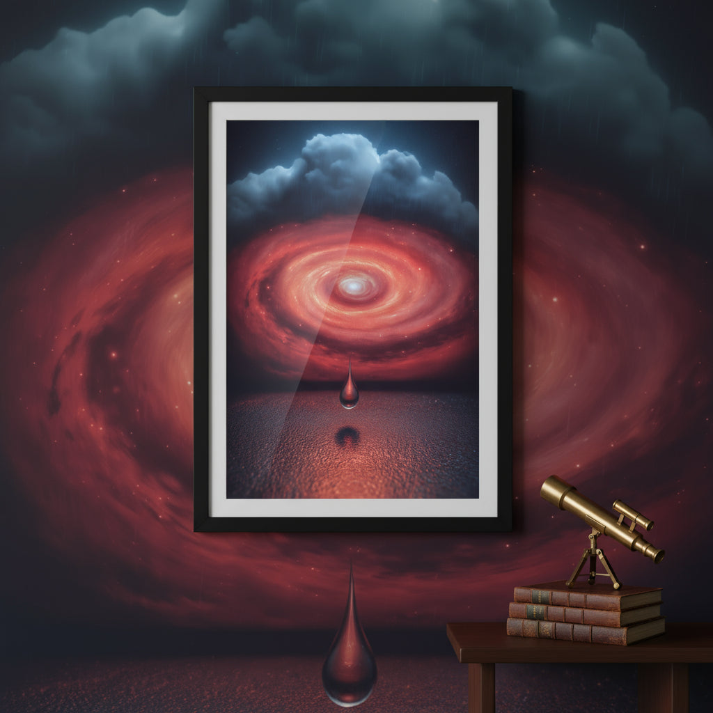 Framed artwork of a swirling red galaxy with a teardrop, placed on a dark background with a telescope and books.