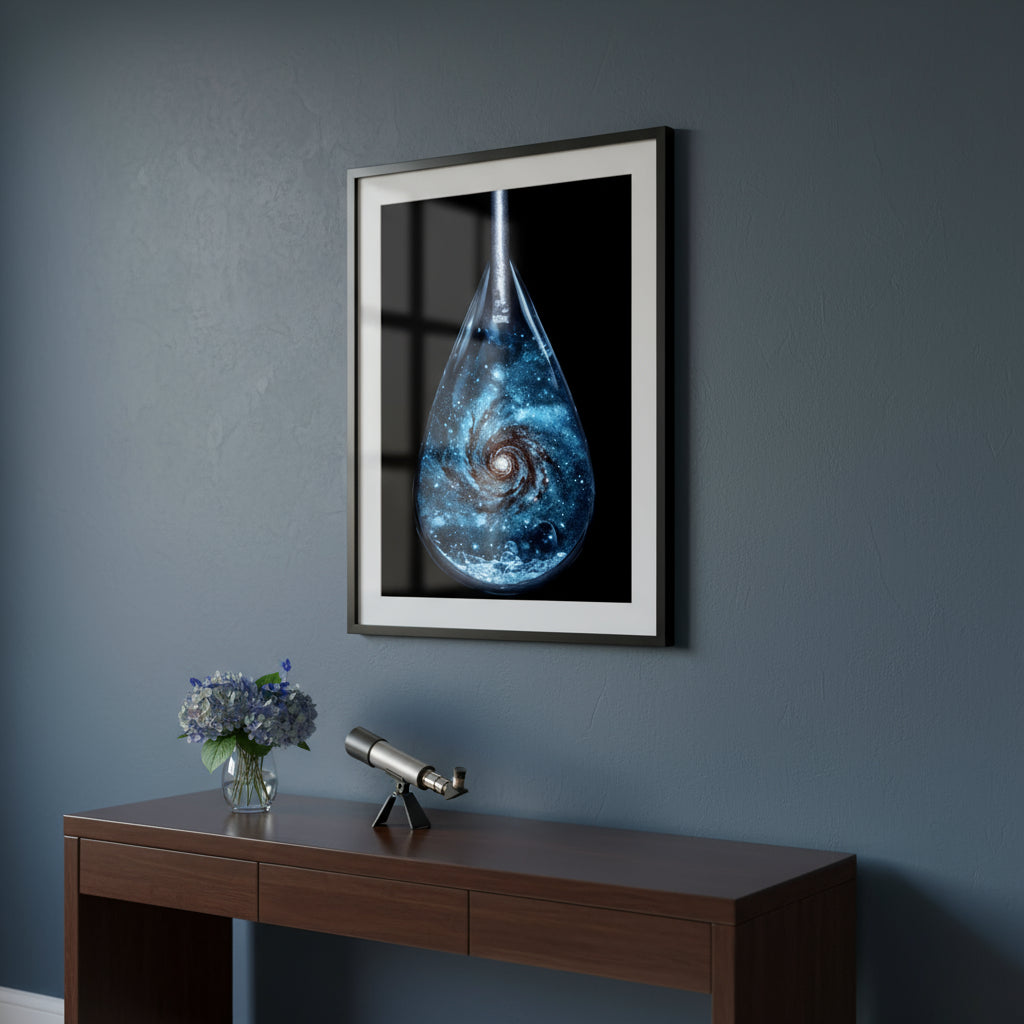 Framed artwork of a swirling galaxy in a drop on a wall above a wooden console table with decorative items.