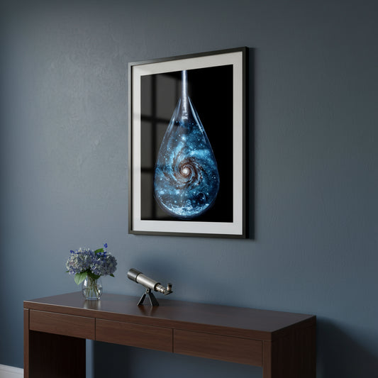 Framed artwork of a swirling galaxy in a drop on a wall above a wooden console table with decorative items.