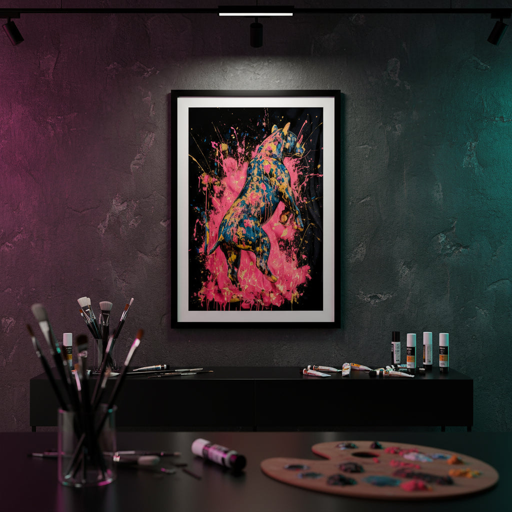 Abstract splatter paint bull in pink, yellow and blue on black background, bold modern animal wall art print