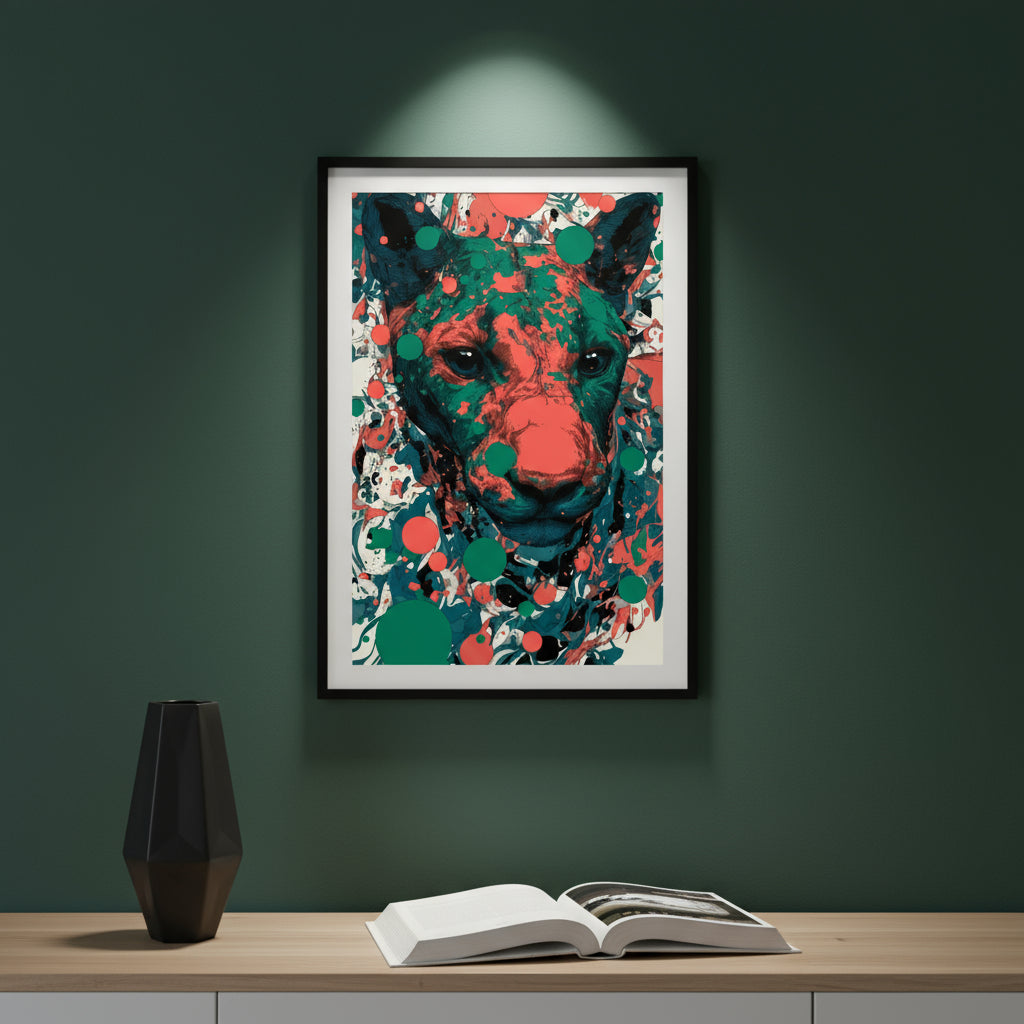 Colour splash lion portrait in red, green and teal, modern abstract big cat wall art.