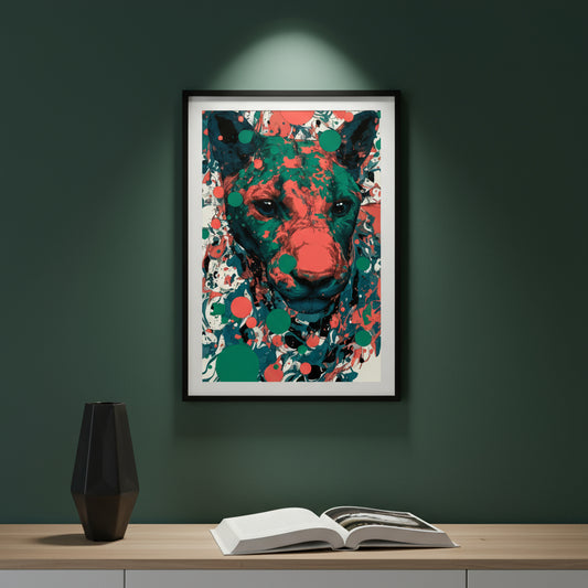 Colour splash lion portrait in red, green and teal, modern abstract big cat wall art.