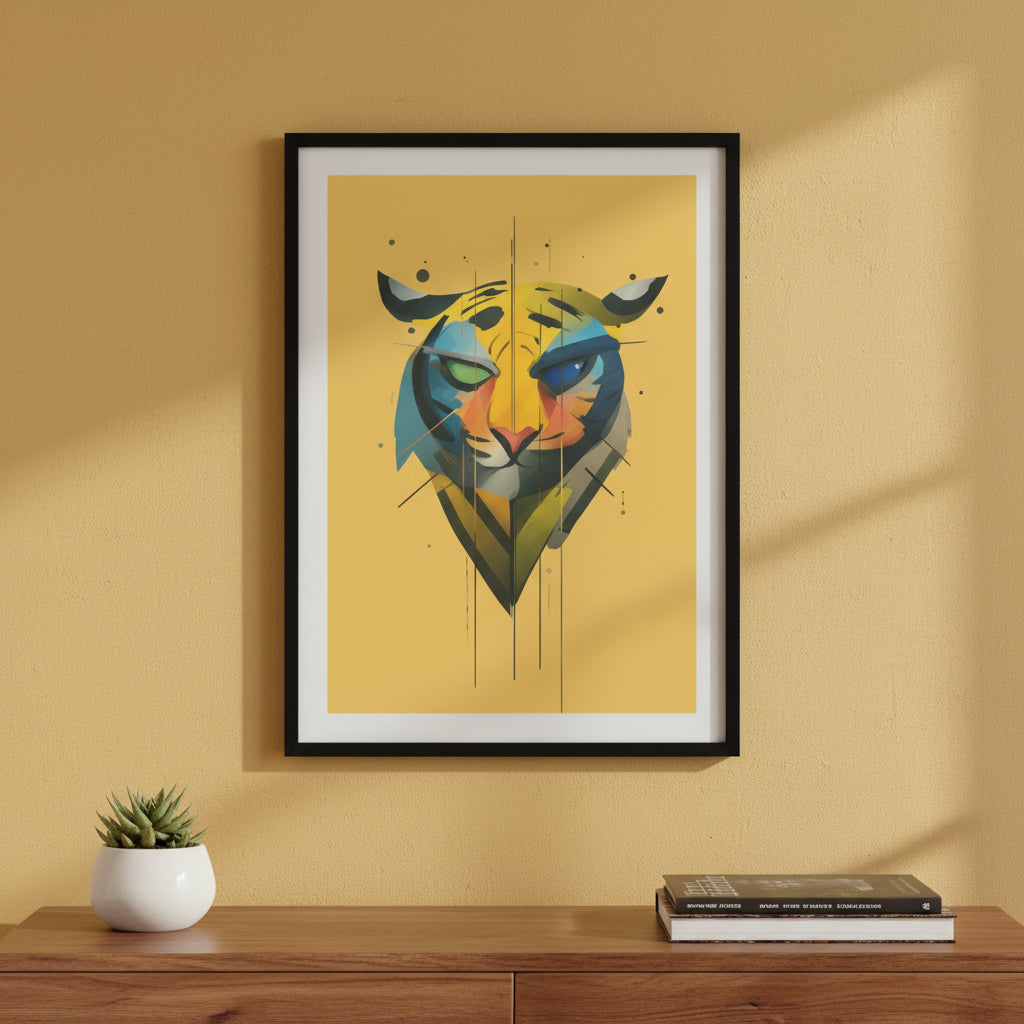 Minimal geometric tiger portrait in bold colours on yellow background, modern graphic animal print