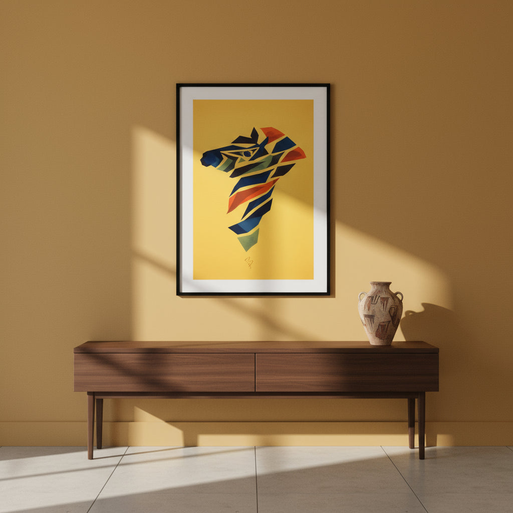 Geometric zebra head artwork made of blue, green and orange shapes on yellow background