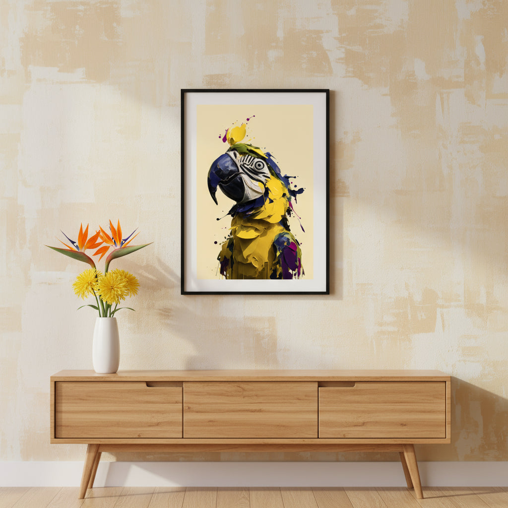 Colourful abstract parrot made from thick paint strokes in yellow, blue and purple, modern bird art print