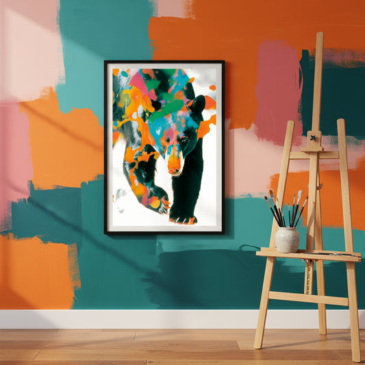 Black bear with vibrant neon paint splashes, bold modern wildlife art print