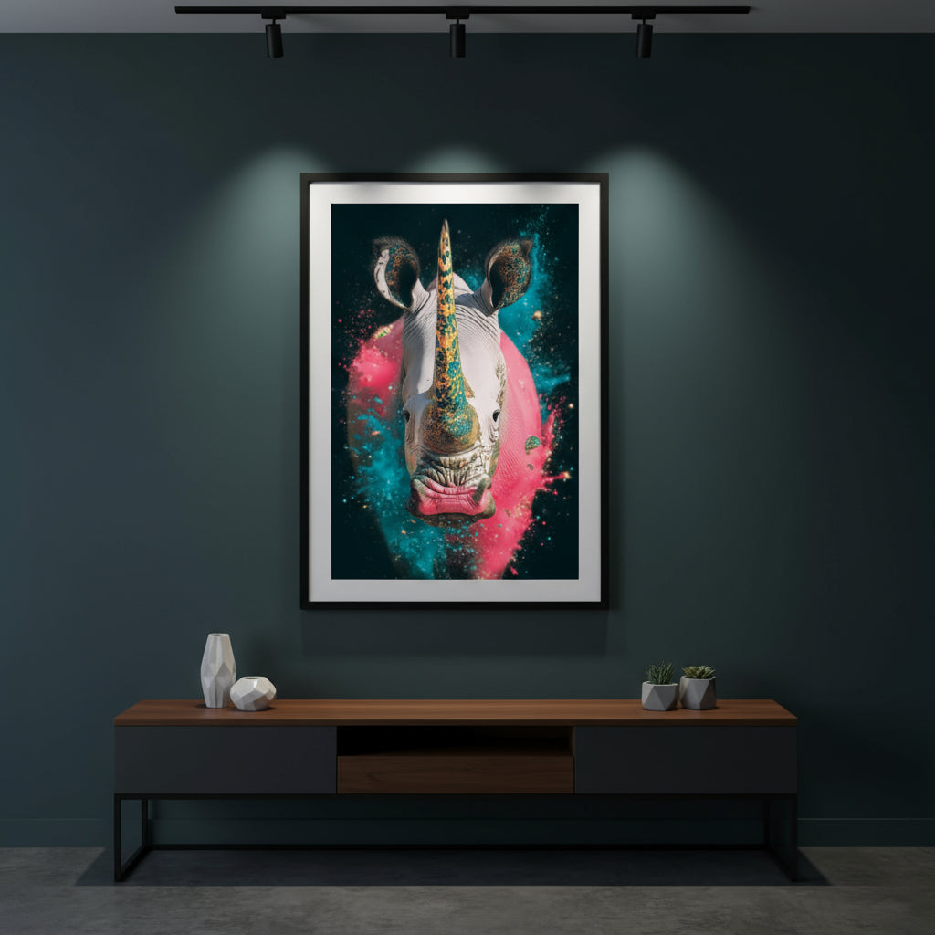 Colourful rhino portrait with galaxy paint effects in pink and teal, surreal animal wall art.