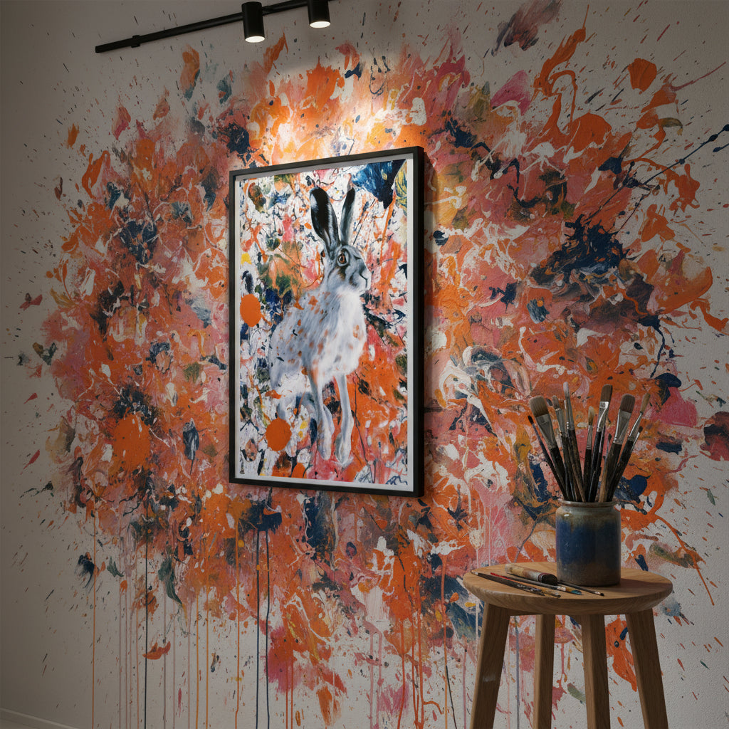 Realistic hare against abstract paint splatter background, vibrant modern wildlife artwork.