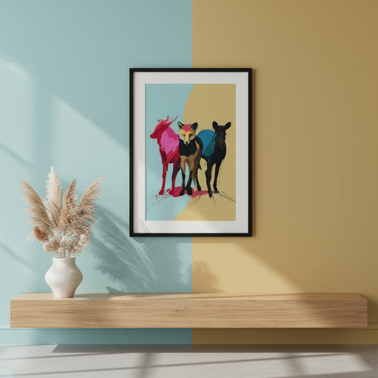 Loose brushstroke animal trio in red, gold and blue tones, contemporary abstract wildlife print.