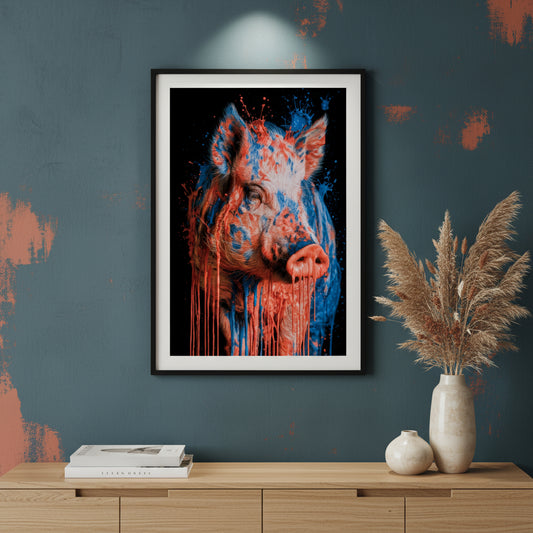 Realistic pig dripping with red and blue paint, bold modern animal art print.