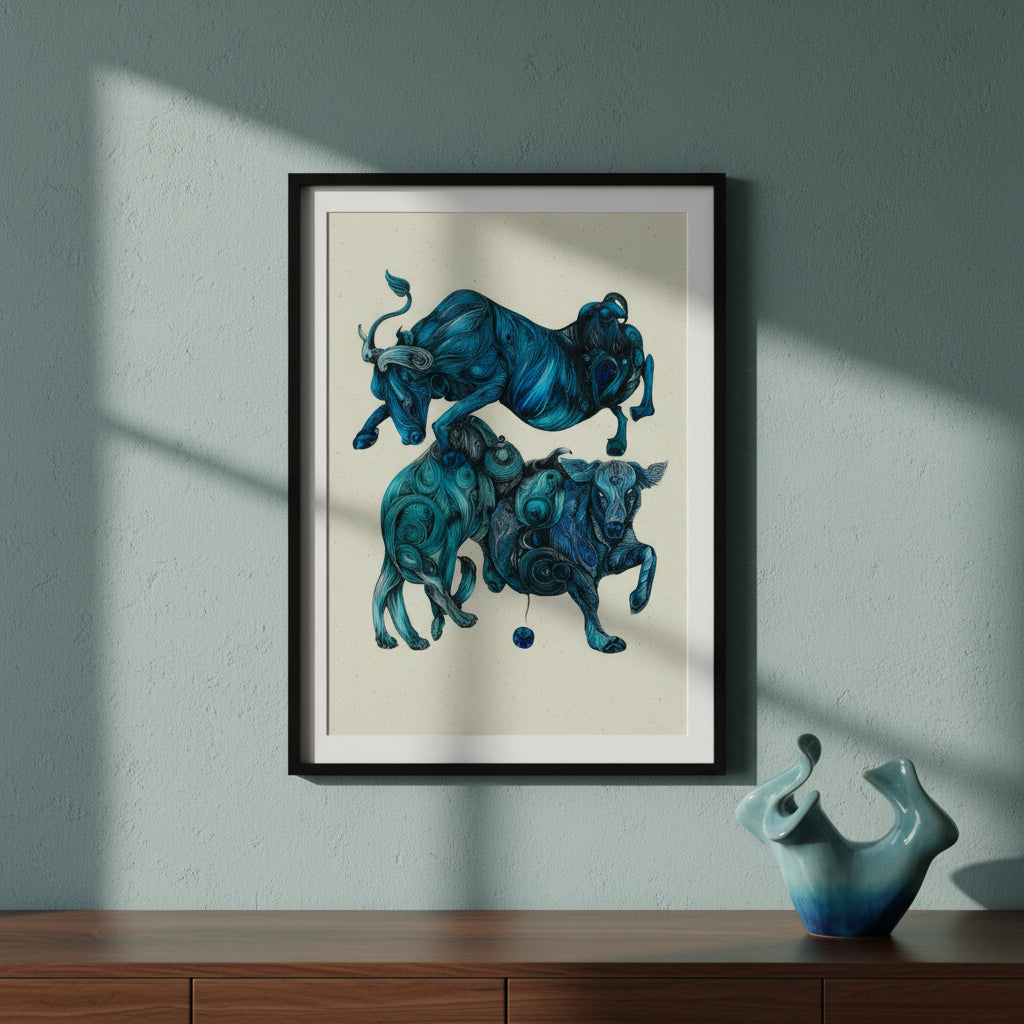 Abstract blue bull illustration with flowing line patterns, modern animal art print.