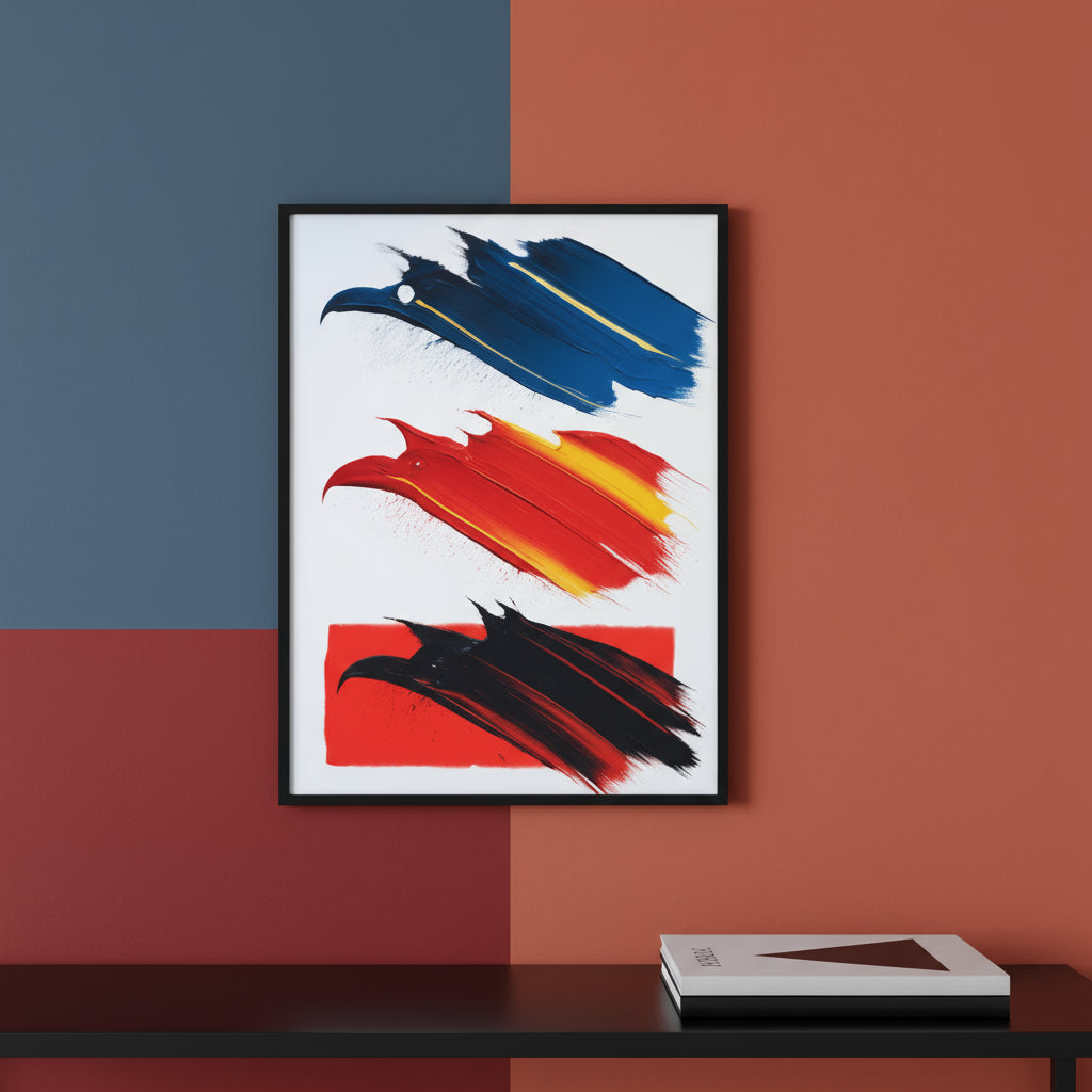 Brushstroke bird silhouettes in blue, red and black, minimalist abstract animal artwork