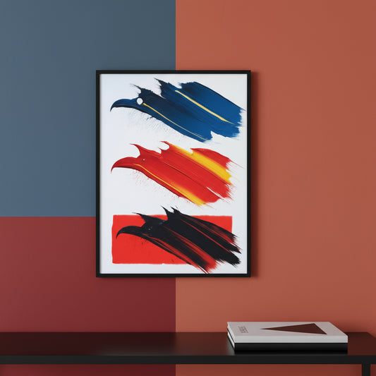 Brushstroke bird silhouettes in blue, red and black, minimalist abstract animal artwork