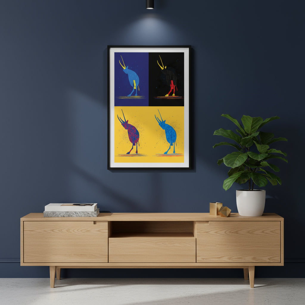 Pop art oryx illustration in four colour variations, modern graphic wildlife print