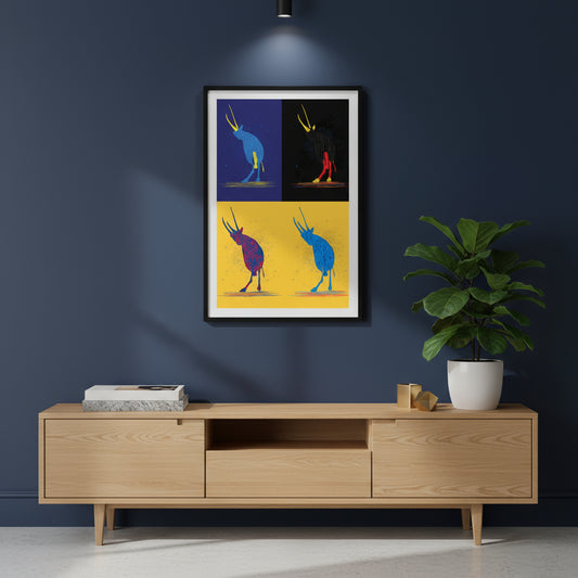 Pop art oryx illustration in four colour variations, modern graphic wildlife print