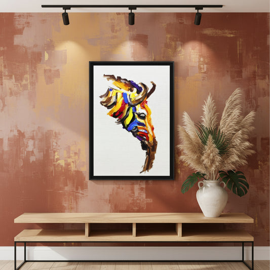 Colourful abstract Zebra painting made with bold oil brush strokes on a white background.