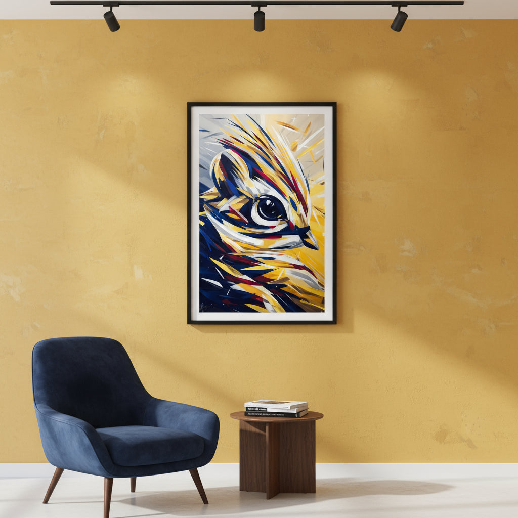 Modern geometric bird artwork in yellow, blue and red, abstract digital animal wall art.