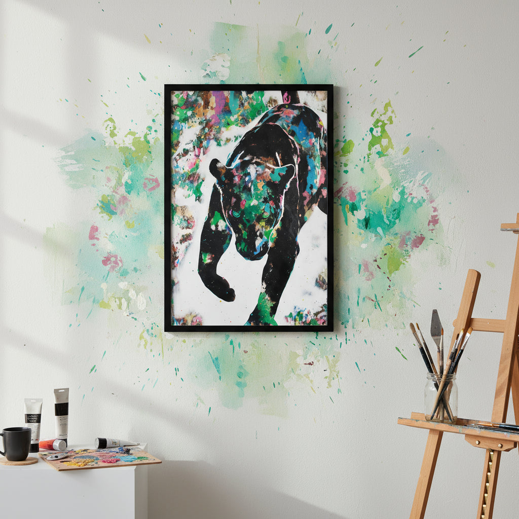 Abstract black panther artwork with colourful paint splashes, modern wildlife wall art print.