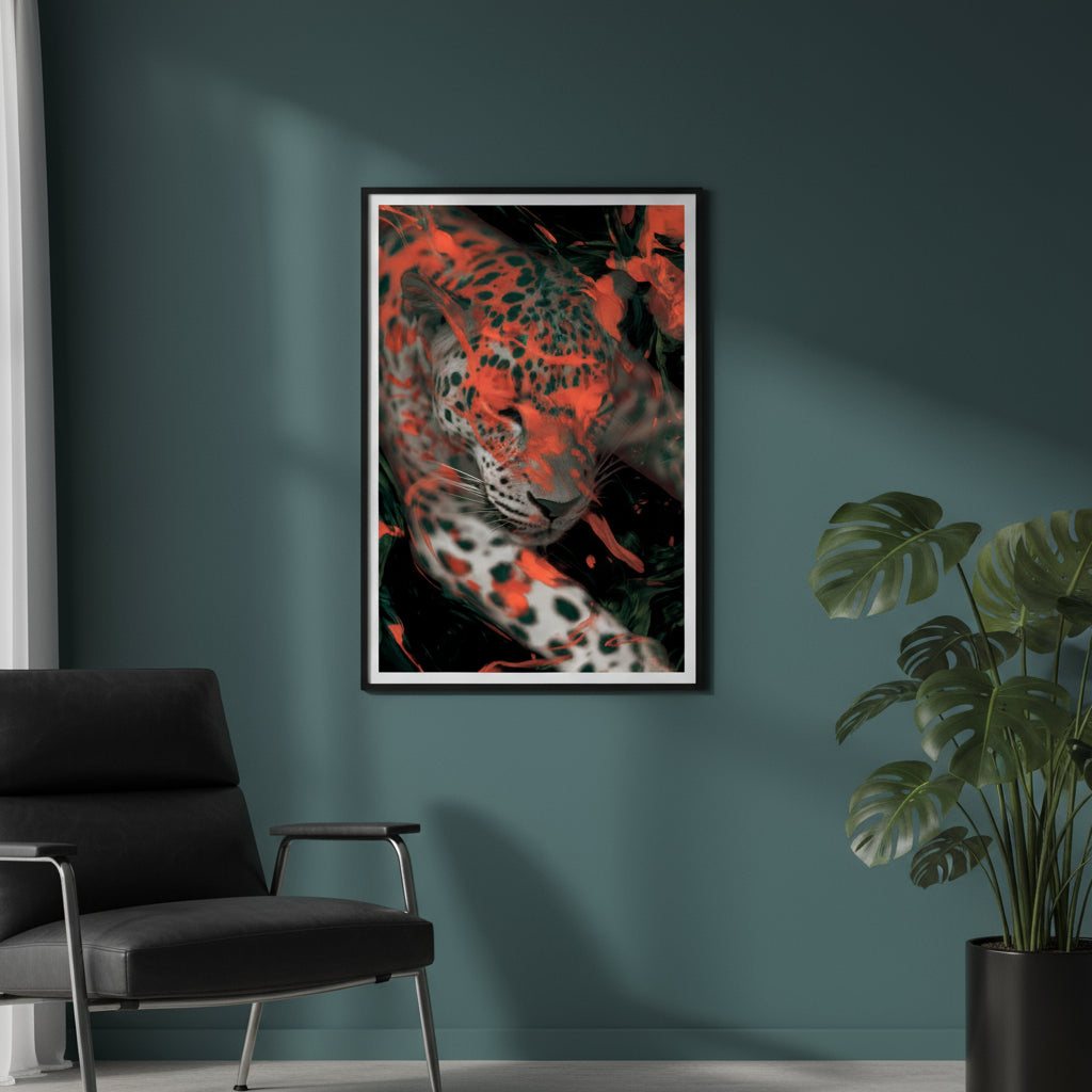Surreal leopard portrait with flowing red and green paint effects, abstract wildlife art