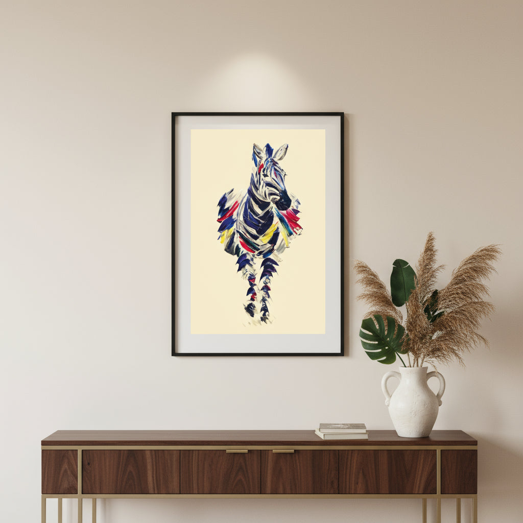 Colourful abstract zebra painting created with thick brush strokes on a beige background.