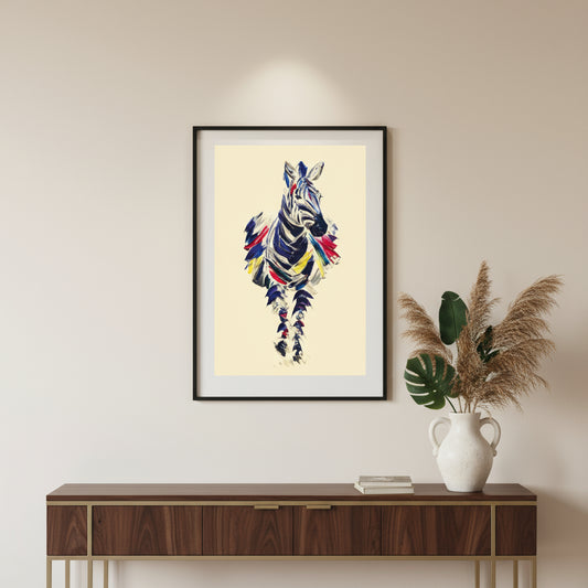 Colourful abstract zebra painting created with thick brush strokes on a beige background.