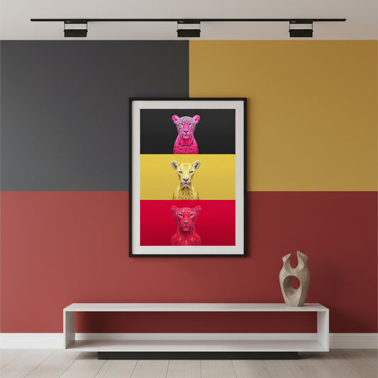 Pop art style leopard triptych in pink, yellow and red, modern big cat wall art.