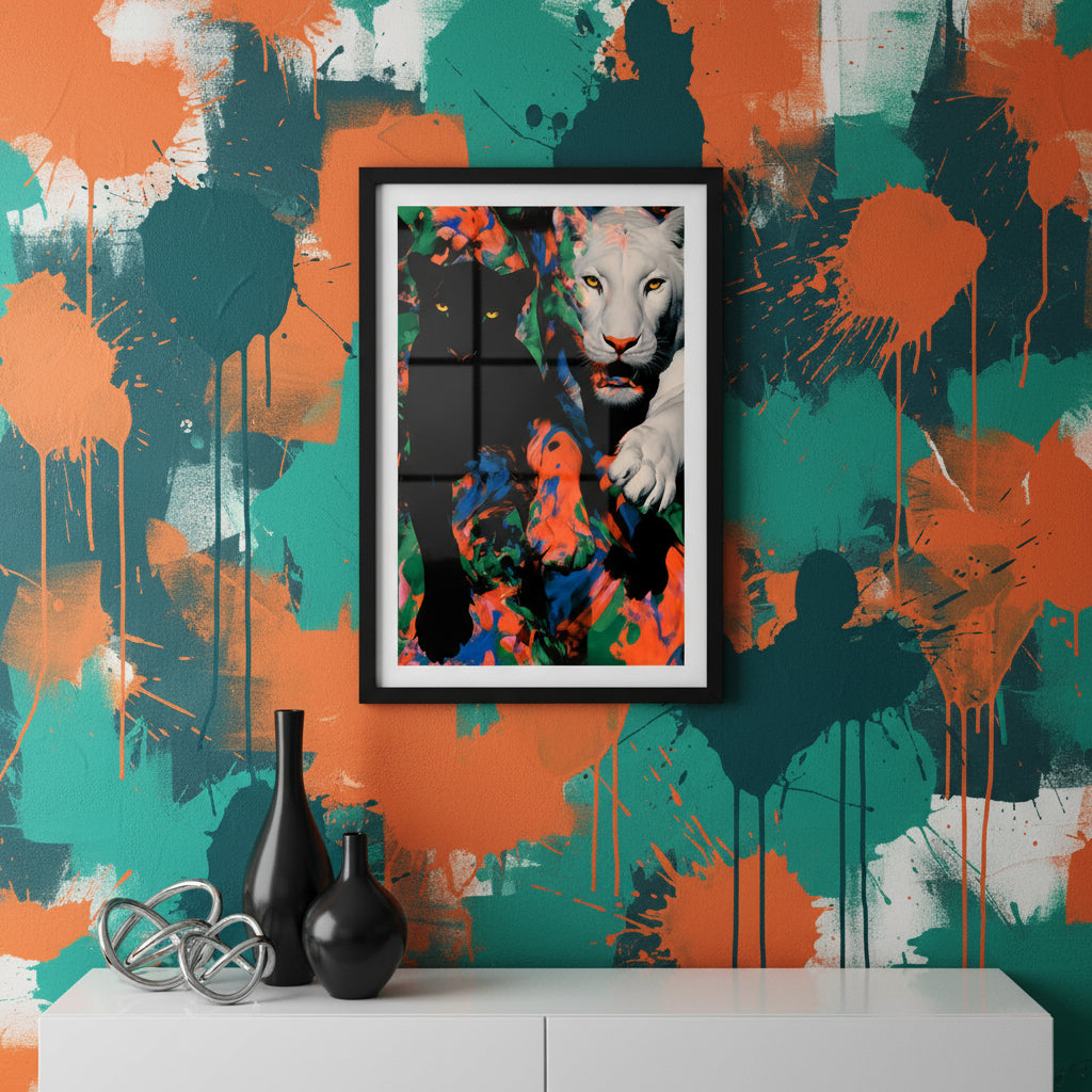 Black panther and white lion running through swirling red, green, and blue paint, dramatic wildlife art.