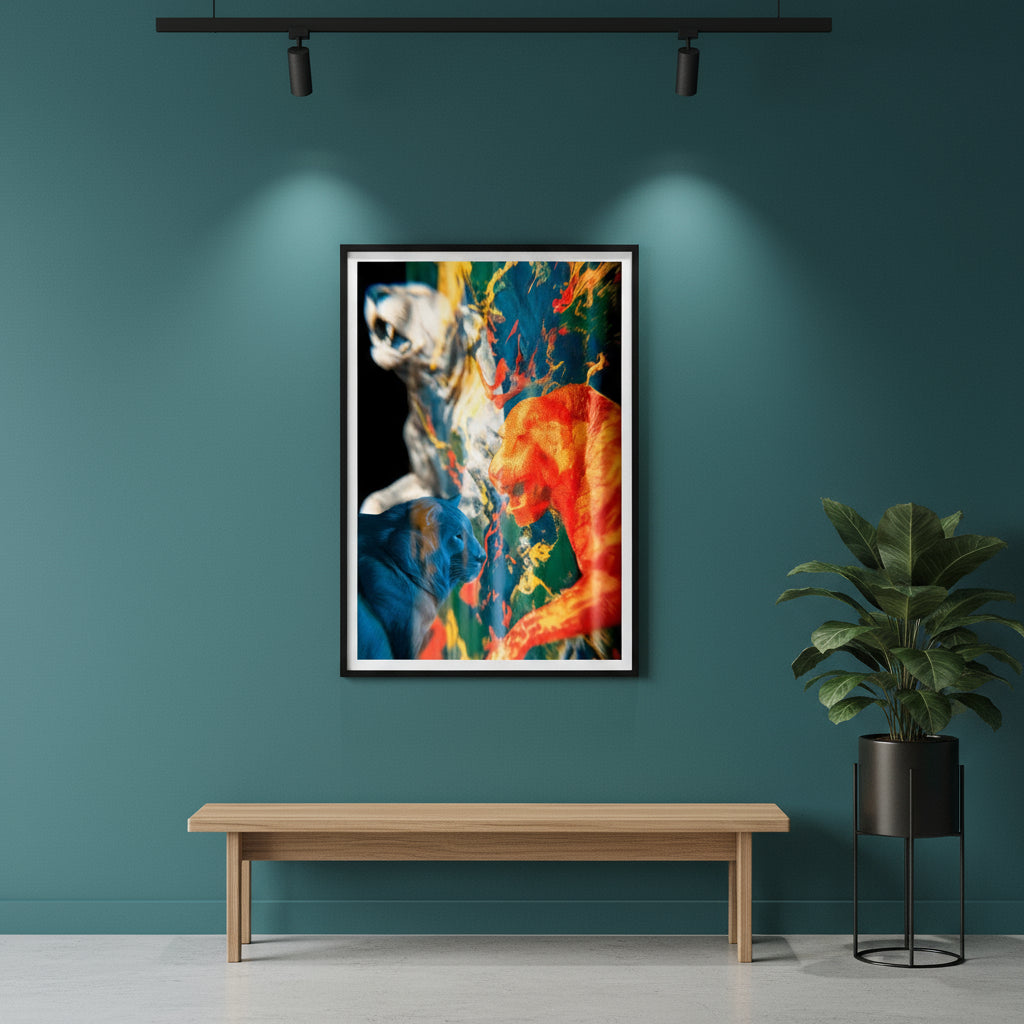 Abstract lion artwork with bold red, blue and yellow colours, modern digital big cat wall art print.