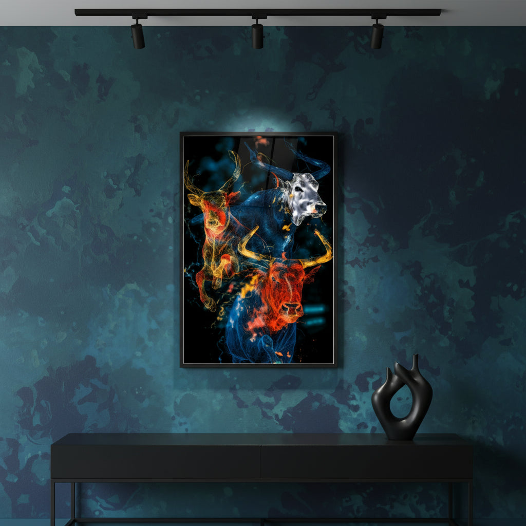 Abstract neon bull artwork with three glowing bulls in red, blue, and yellow on a dark background, energetic modern digital art print.