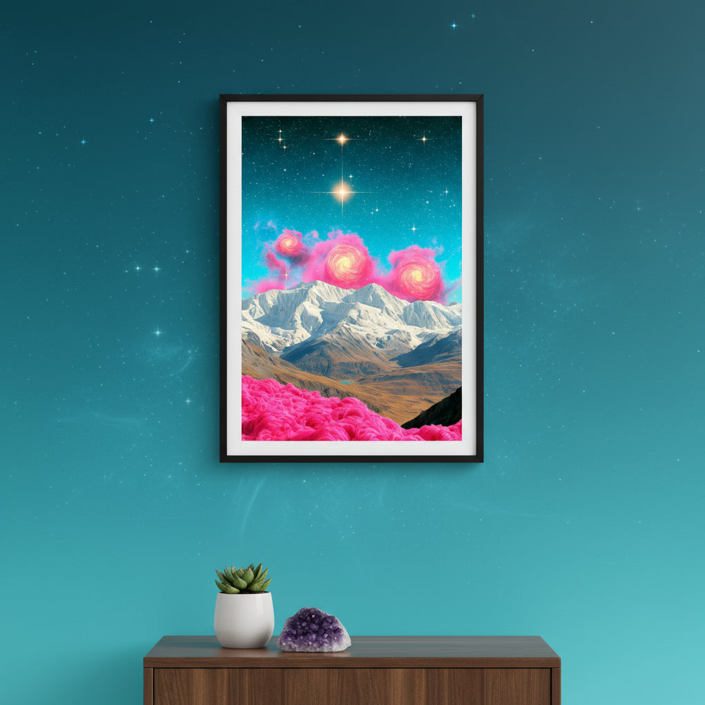 Surreal galaxy sky with pink swirling nebulas above snowy mountain range, vibrant cosmic landscape art print.