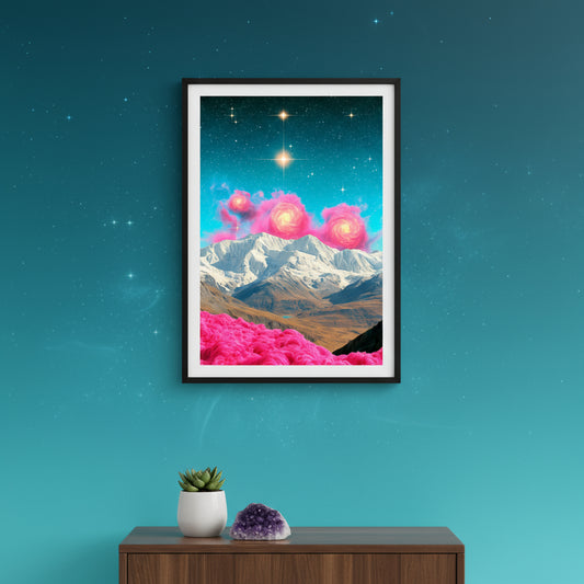 Surreal galaxy sky with pink swirling nebulas above snowy mountain range, vibrant cosmic landscape art print.