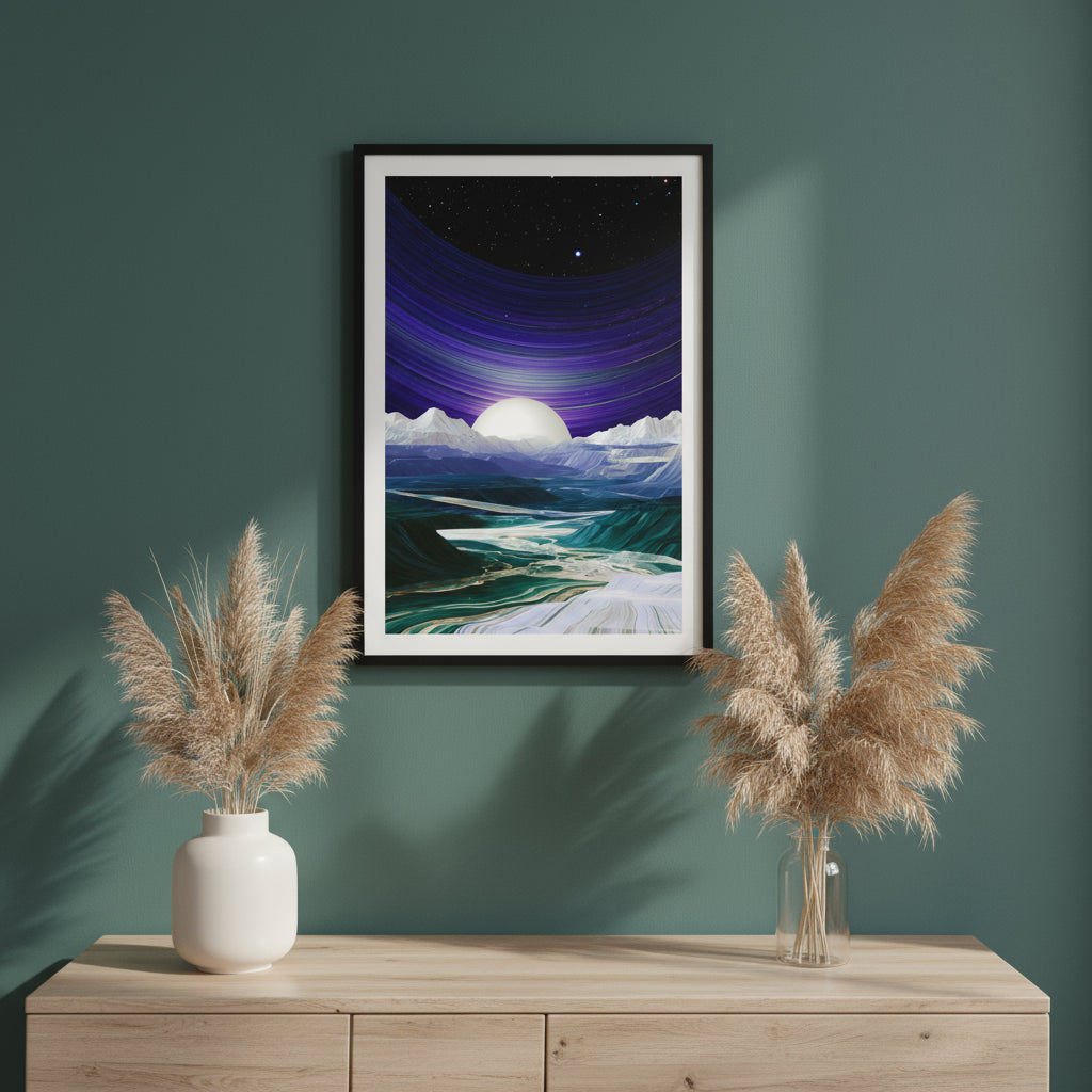 Abstract alien landscape with giant purple celestial rings over icy mountains, futuristic space wall art.