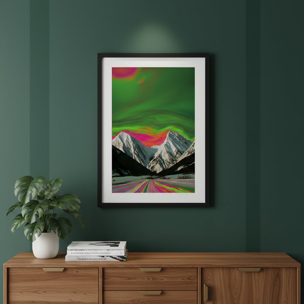 Neon green and magenta sky glowing over snowy peaks, psychedelic mountain landscape artwork
