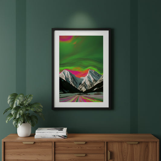 Neon green and magenta sky glowing over snowy peaks, psychedelic mountain landscape artwork
