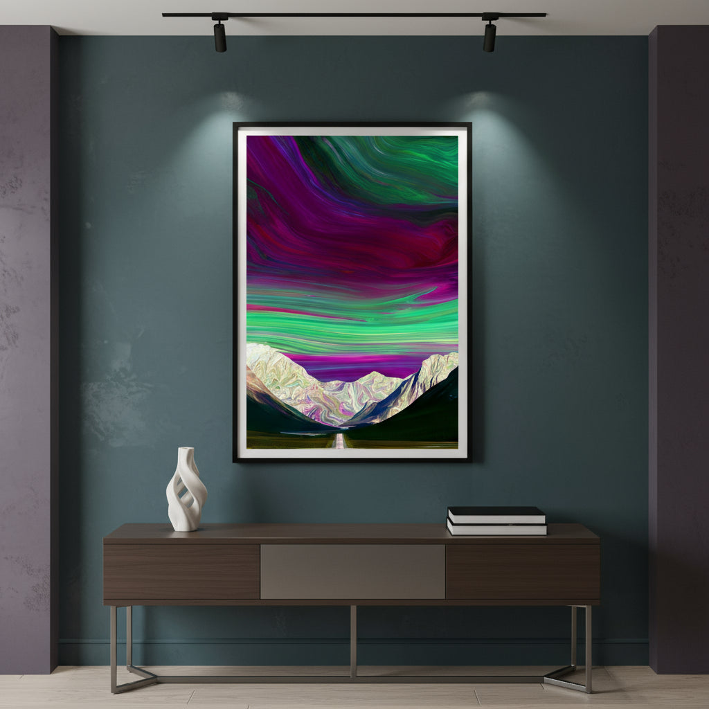 Colour-swirled sky above mountain road and valley, psychedelic landscape art print