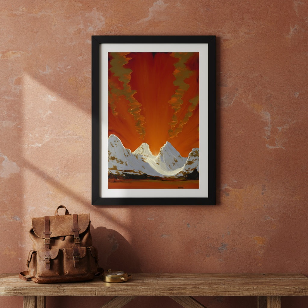 now-covered mountain range glowing under molten orange sky, bold abstract landscape painting