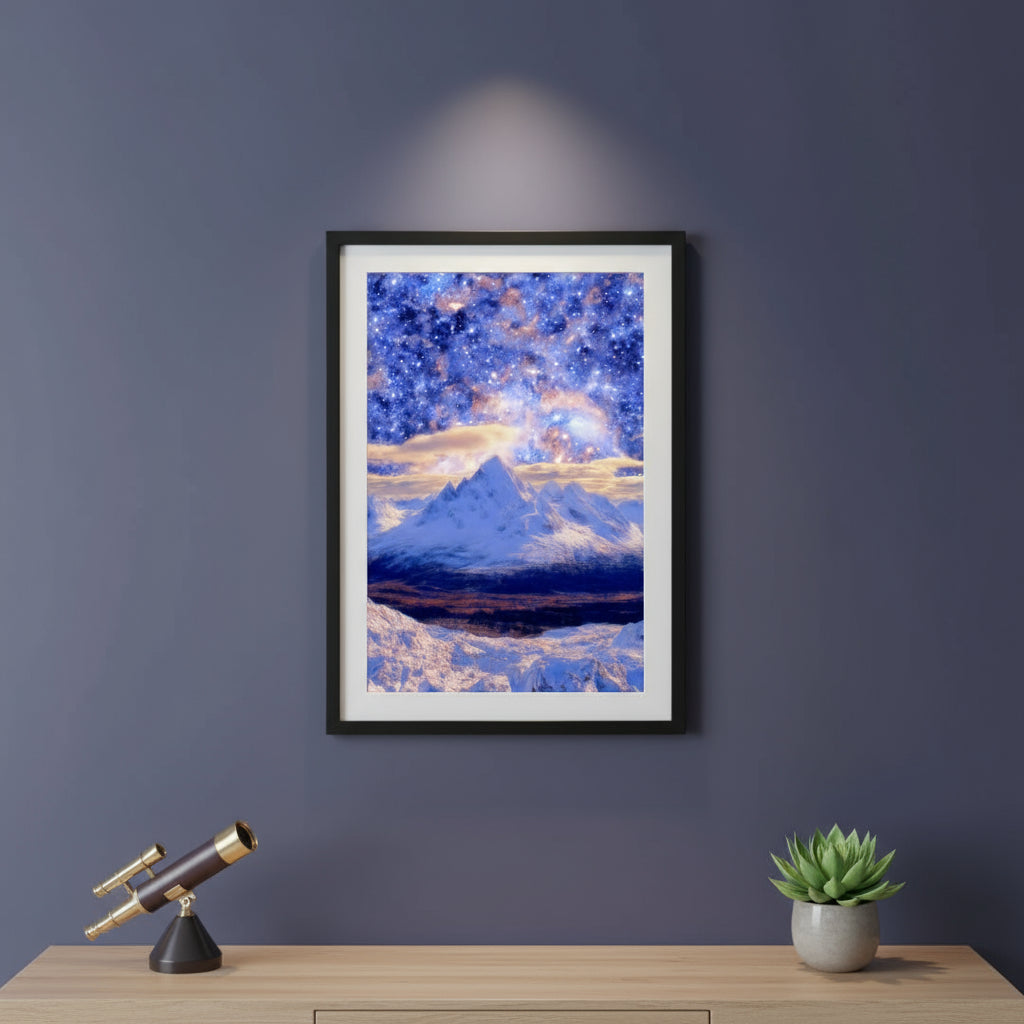 Starry night galaxy over frosted mountain peaks, dreamy cosmic winter landscape artwork