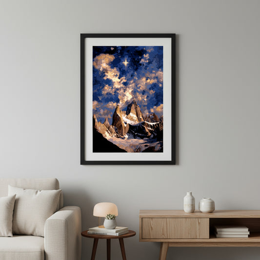 Stylised mountain spires under golden nebula clouds in deep blue sky, fantasy landscape wall art