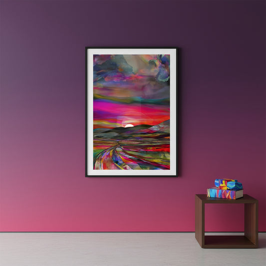 Rainbow painted landscape with sunset over hills and multicoloured fields, abstract nature wall art print.