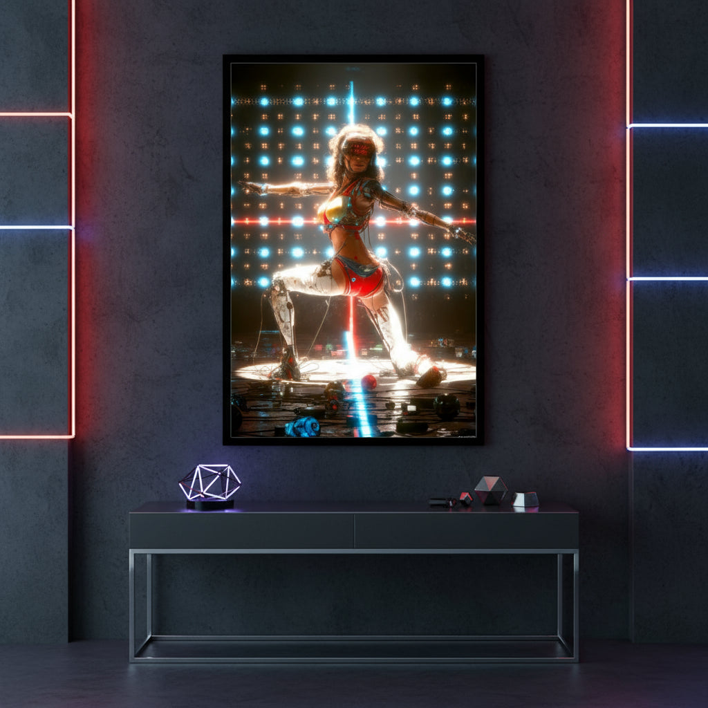 Stylized image of a Cyberpunk dancer on a stage with colorful lights