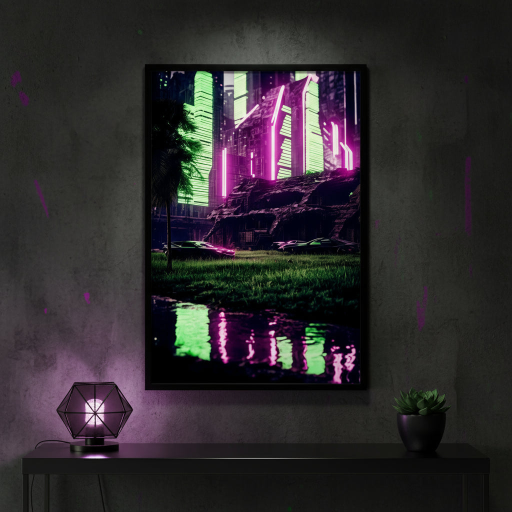 Framed artwork of a futuristic cityscape with neon lights on a dark wall.