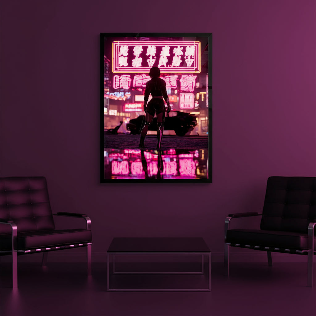 Silhouette of a Cyberpunk person against a vibrant neon cityscape