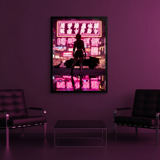 Silhouette of a Cyberpunk person against a vibrant neon cityscape