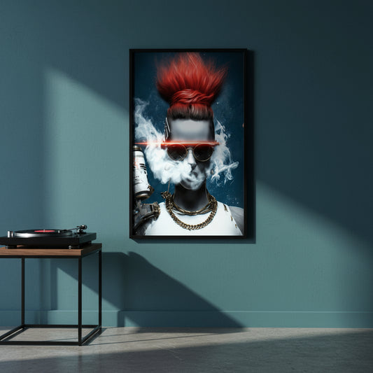 Cyberpunk woman with red hair and sunglasses holding a spray can against a dark background