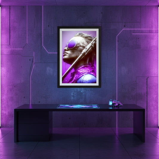Cyberpunk man with sunglasses and a weapon on a purple background
